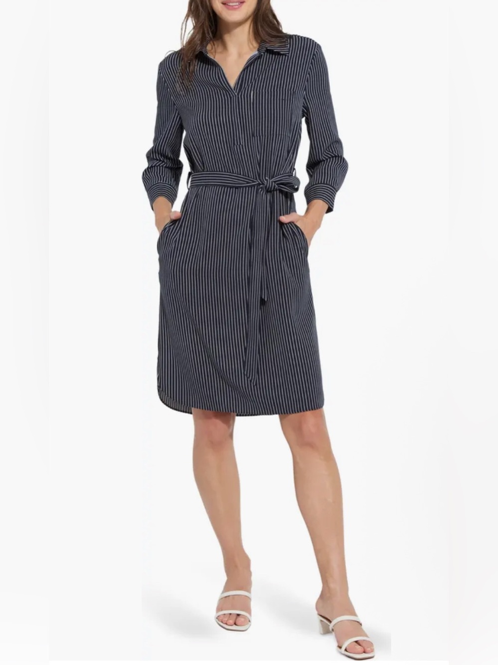 NWT Lysse Stripe Popover Navy Shirt Dress with Tie Belt